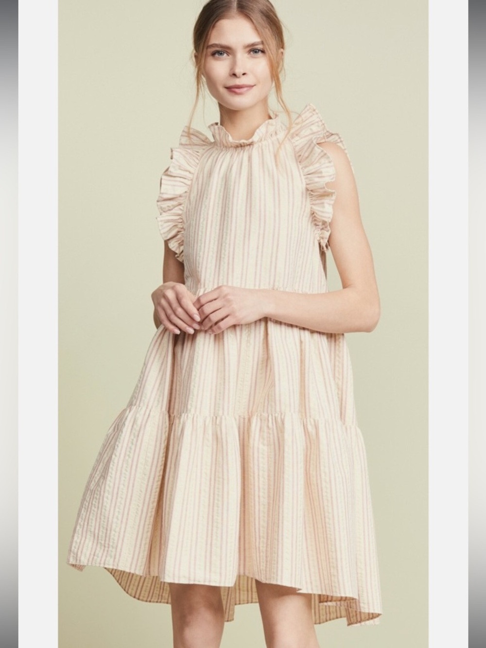 Ulla Johnson Tamsin Pink Stripe Ruffle Tiered Cotton Poplin Mini Dress Size 4